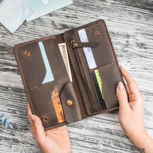 Cartera larga de cuero hecha a mano, Cartera de mujer personalizada, Cartera larga personalizada, Cartera de cuero con monograma para mujer, Cartera plegable larga