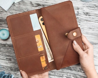 Cartera larga de cuero hecha a mano, Cartera larga delgada para mujer, Cartera de cuero con grabado, Cartera larga personalizada, Cartera plegable para mujer