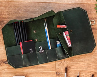 Custom leather artist roll, Pencil case roll, Artist pencil pouch, Handmade pencil case, Personalized pencil case, Pencil organizer case