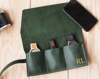 Uhrenrolle aus Leder, Uhrenrolle mit Gravur, Uhrenrolle mit Monogramm, Handgefertigtes Uhrenetui, Uhrenrolle aus Leder