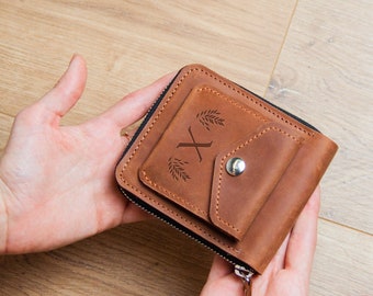 Cartera de cuero con bolsillo para monedas, Cartera con cremallera personalizada, Cartera pequeña con cremallera, Cartera con cremallera hecha a mano, Cartera plegable personalizada