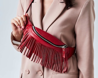 Leather fringed fanny pack,Fanny pack with zipper,Leather fringe purse,Bum bag for women,Leather waist bag women festival,Custom waist bag