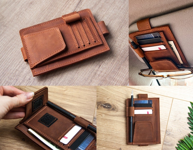 May include: Brown leather car organizer with multiple card slots, a pen holder, and a large pocket. The organizer is designed to be attached to the back of a car seat.