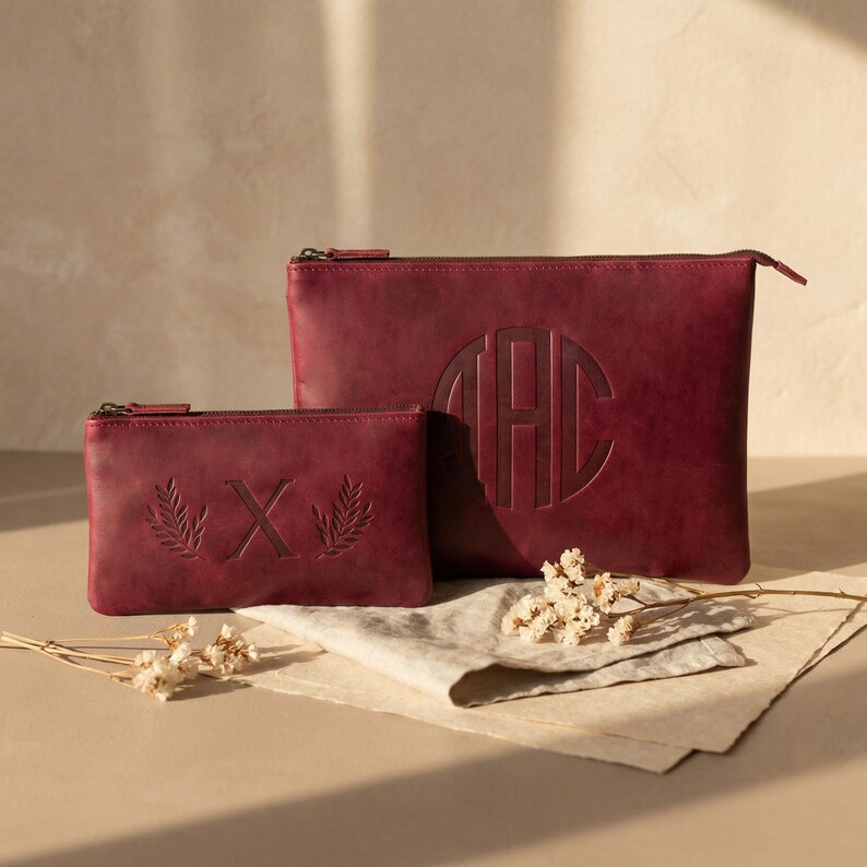 Pu&ograve; includere: Due pochette in pelle bordeaux con chiusure a zip. La pochette pi&ugrave; grande presenta un monogramma in un cerchio, mentre quella pi&ugrave; piccola ha la lettera "X" con foglie di alloro. Le pochette sono esposte su una superficie neutra.