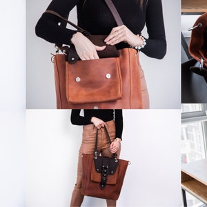 K&ouml;nnte beinhalten: Eine braune Ledertasche mit einer gro&szlig;en Fronttasche und einer kleineren Rei&szlig;verschlusstasche. Die Tasche hat zwei obere Tragegriffe und einen abnehmbaren Schultergurt.