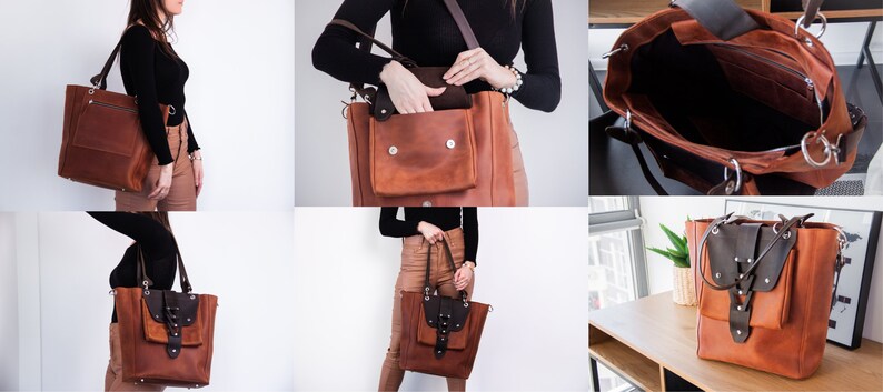 K&ouml;nnte beinhalten: Eine braune Ledertasche mit einer gro&szlig;en Fronttasche und einer kleineren Rei&szlig;verschlusstasche. Die Tasche hat zwei obere Tragegriffe und einen abnehmbaren Schultergurt.