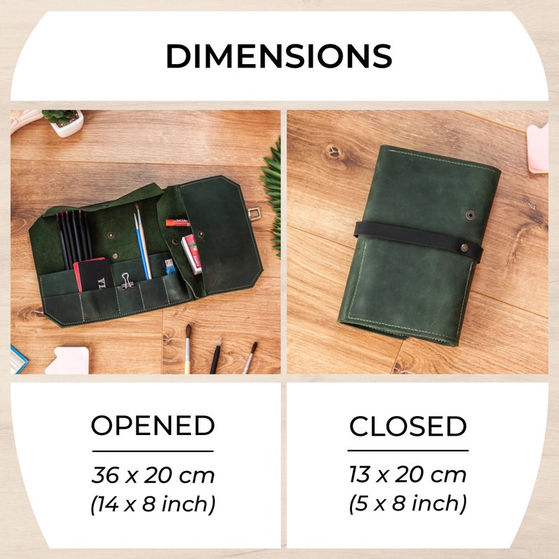May include: A green leather pencil case with a black strap. The case is open to reveal multiple compartments for pencils, pens, and other art supplies. The case measures 36 cm by 20 cm when open and 13 cm by 20 cm when closed.