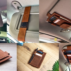 May include: A brown leather car visor organizer with multiple pockets and a pen holder. The organizer is shown in different positions, including on a car visor, on a wooden surface, and in a car.