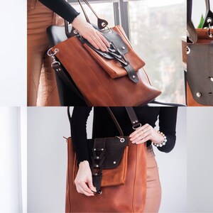 K&ouml;nnte beinhalten: Eine braune Ledertasche mit einer schwarzen Lederklappe und einem Rei&szlig;verschluss. Die Tasche hat eine gro&szlig;e Tasche auf der Vorderseite und eine kleinere Tasche auf der R&uuml;ckseite. Die Tasche wird aus verschiedenen Blickwinkeln gezeigt, um ihre Eigenschaften hervorzuheben.