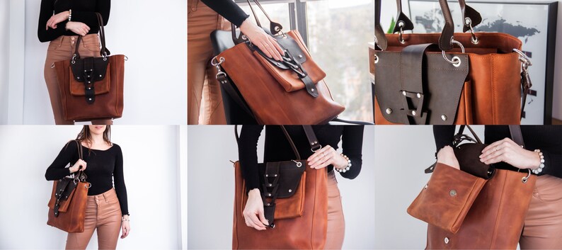 K&ouml;nnte beinhalten: Eine braune Ledertasche mit einer schwarzen Lederklappe und einem Rei&szlig;verschluss. Die Tasche hat eine gro&szlig;e Tasche auf der Vorderseite und eine kleinere Tasche auf der R&uuml;ckseite. Die Tasche wird aus verschiedenen Blickwinkeln gezeigt, um ihre Eigenschaften hervorzuheben.