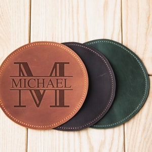 Personalized leather coasters, Engraved leather coasters, Custom coasters set with logo, Handmade leather coaster, Round coasters set