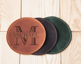 Personalized leather coasters, Engraved leather coasters, Custom coasters set with logo, Handmade leather coaster, Round coasters set