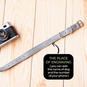 May include: A gray leather dog collar with a silver buckle. The collar has the text "LUCKY (387) 114-3354" engraved on it. The text "THE PLACE OF ENGRAVING (you can add the name of dog and the number of your phone)" is written below the collar.