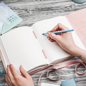 May include: A person writing in a pink leather bound journal with a blue pencil. The journal has a white interior and a pink ribbon bookmark. The journal is on a wooden surface with a blue and white notepad and a blue and white plant.