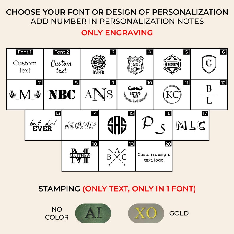 Pu&ograve; includere: Una guida alle opzioni di incisione personalizzate. Include vari caratteri, design e simboli, come iniziali e distintivi. L'immagine mostra anche opzioni di stampa con testo e scelte di colore.