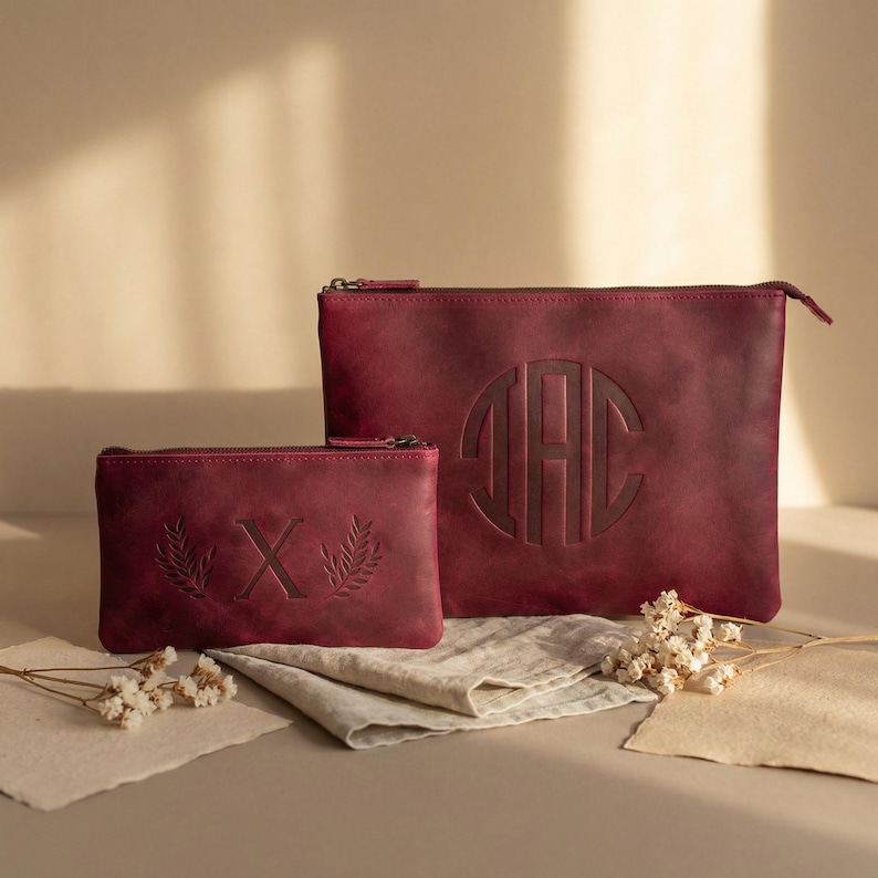 Borsa in pelle con cerniera personalizzata, Borsa per il trucco fatta a mano, Grande borsa in pelle da donna, Pochette in pelle, Borsa da viaggio in pelle, Piccola borsa con cerniera immagine 13