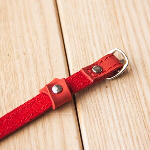May include: Red leather strap with a silver buckle and a silver rivet. The strap is on a wooden surface.