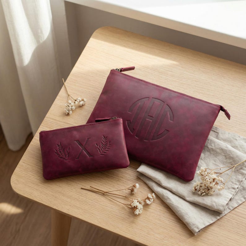 Borsa in pelle con cerniera personalizzata, Borsa per il trucco fatta a mano, Grande borsa in pelle da donna, Pochette in pelle, Borsa da viaggio in pelle, Piccola borsa con cerniera immagine 9
