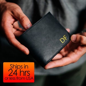 Billetera de piel personalizada, Billetera pequeña de piel para hombre, Billetera grabada, Billetera de piel con iniciales, Billetera hecha a mano para hombre