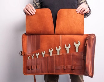 Leather tool roll,Tool roll up pouch,Wrench organizer,Wrench holder,Pliers organizer