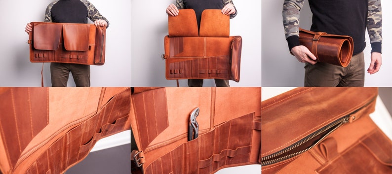 Peut inclure: Un sac &agrave; outils en cuir marron qui se roule avec plusieurs poches et un compartiment zipp&eacute;. Le sac est pr&eacute;sent&eacute; roul&eacute;, d&eacute;roul&eacute; et avec les poches ouvertes.