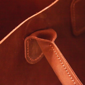 May include: Close-up of a brown leather tote bag with a stitched handle. The handle is folded over and stitched in place.