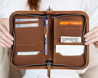 Cartera de viaje de cuero para pasaporte, Cartera de viaje personalizada, Organizador de pasaportes de cuero, Cartera familiar para pasaporte, Cartera con cremallera para pasaporte