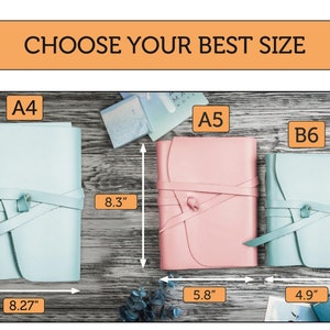 May include: Three leather-bound journals in different sizes, A4, A5, and B6, with measurements in inches. The journals are light blue and pink, with a tied closure.
