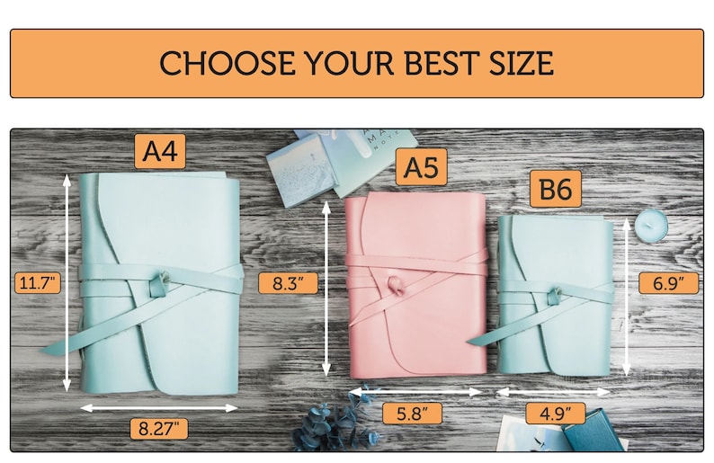 May include: Three leather-bound journals in different sizes, A4, A5, and B6, with measurements in inches. The journals are light blue and pink, with a tied closure.
