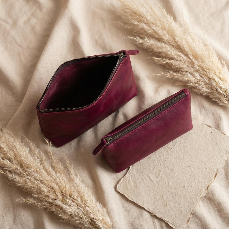 Borsa in pelle con cerniera personalizzata, Borsa per il trucco fatta a mano, Grande borsa in pelle da donna, Pochette in pelle, Borsa da viaggio in pelle, Piccola borsa con cerniera immagine 11