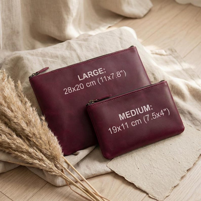 Borsa in pelle con cerniera personalizzata, Borsa per il trucco fatta a mano, Grande borsa in pelle da donna, Pochette in pelle, Borsa da viaggio in pelle, Piccola borsa con cerniera immagine 4