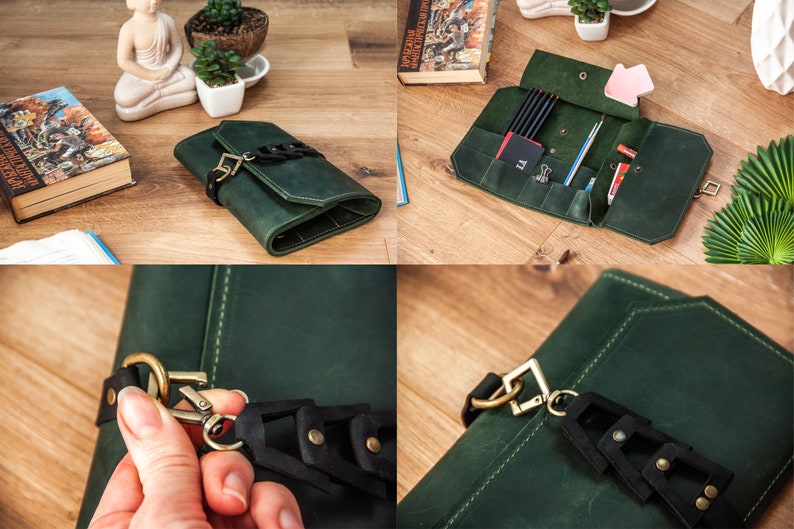May include: A green leather pencil case with a black strap and brass hardware. The case is open and shows multiple compartments for pencils, pens, and other writing tools.