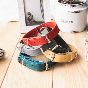 May include: Four leather dog collars in different colors: red, gray, green, and yellow. The collars are stacked on top of each other.
