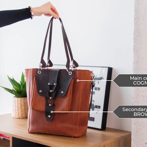 K&ouml;nnte beinhalten: Eine braune Ledertasche mit einer schwarzen Lederklappe und einem Rei&szlig;verschluss. Die Tasche hat einen oberen Griff und einen Schultergurt.