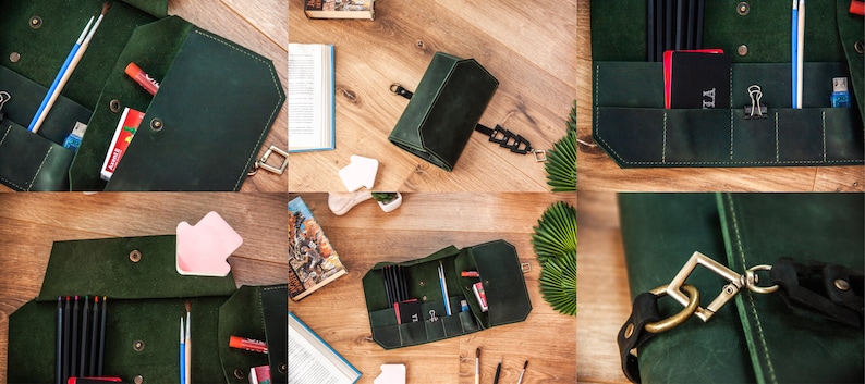 May include: A dark green leather roll-up case with multiple compartments for holding art supplies, such as pencils, brushes, and markers. The case has a metal clasp and a strap for carrying.