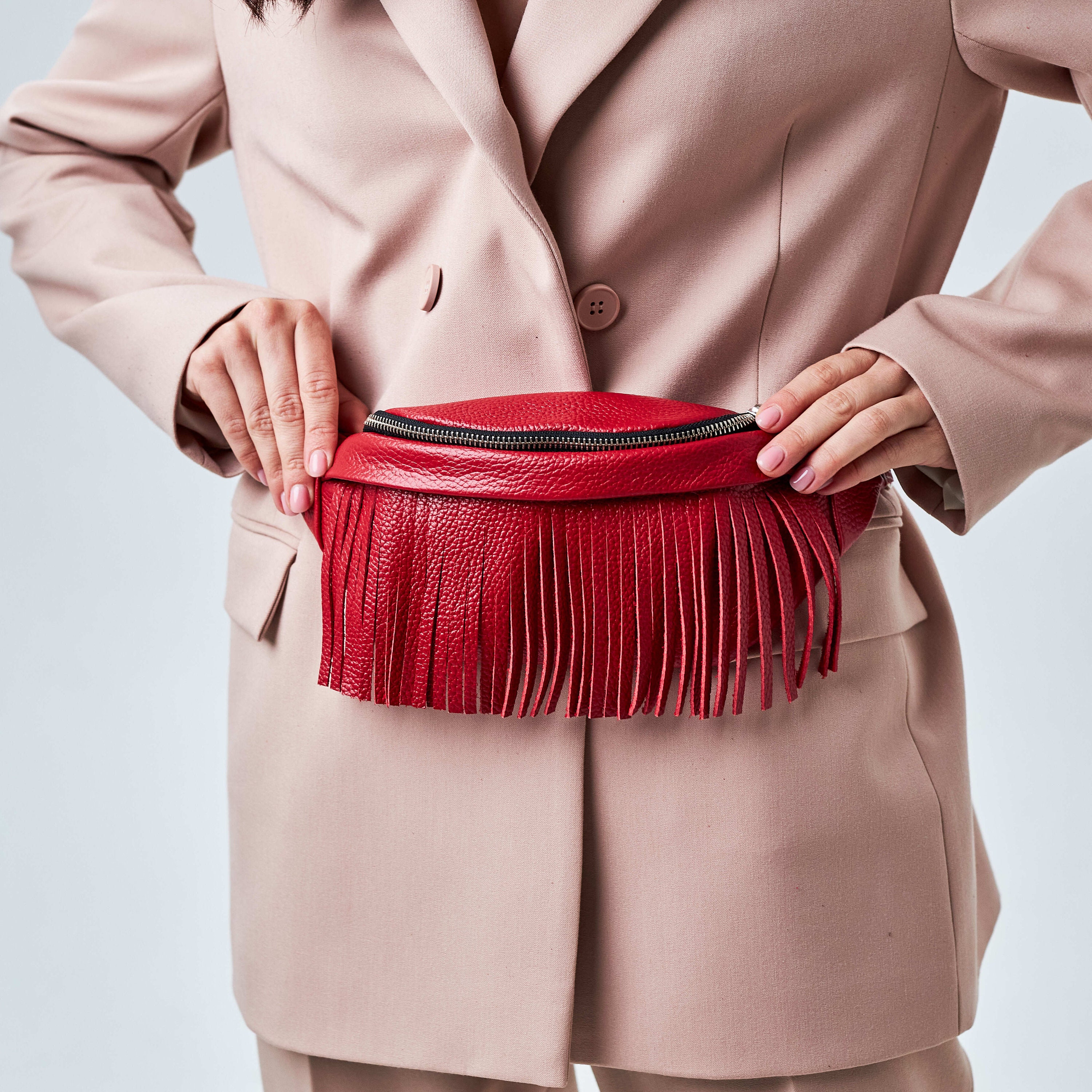 Leather fringe belt bag hotsell