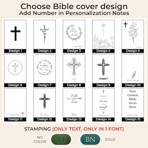 May include: A grid of 15 different designs for Bible covers. Each design features a cross, a floral motif, or a Bible verse. The designs are numbered 1 through 15. The text "STAMPING (ONLY TEXT, ONLY IN 1 FONT)" is at the bottom of the image. The words "NO COLOR", "RT", "BN", and "GOLD" are below the text.