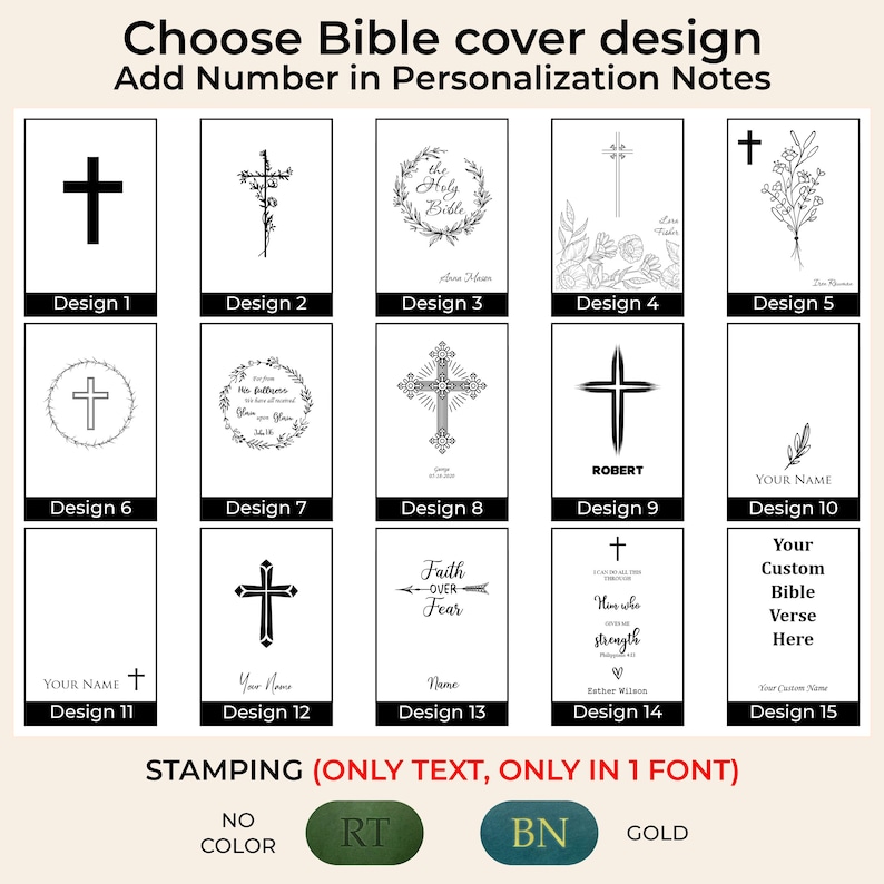 May include: A grid of 15 different designs for Bible covers. Each design features a cross, a floral motif, or a Bible verse. The designs are numbered 1 through 15. The text "STAMPING (ONLY TEXT, ONLY IN 1 FONT)" is at the bottom of the image. The words "NO COLOR", "RT", "BN", and "GOLD" are below the text.