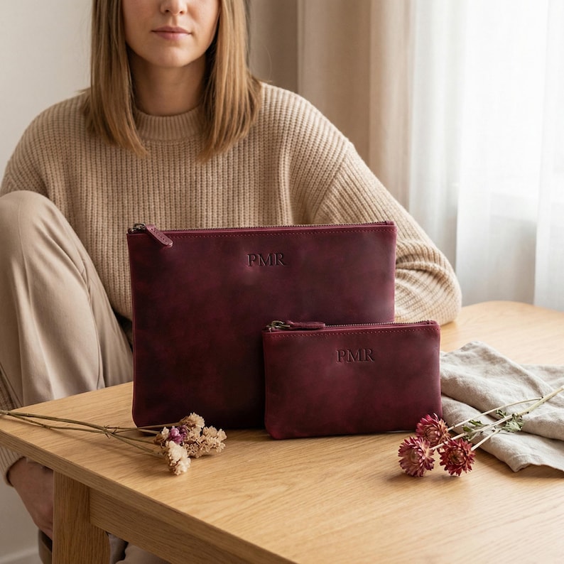 Borsa in pelle con cerniera personalizzata, Borsa per il trucco fatta a mano, Grande borsa in pelle da donna, Pochette in pelle, Borsa da viaggio in pelle, Piccola borsa con cerniera immagine 12