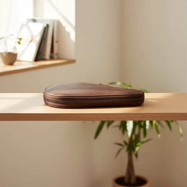 May include: A brown leather case with a zipper closure, resting on a light-colored wooden surface. The case has a rounded shape and appears to be empty. The background includes a window, books, and a small plant.