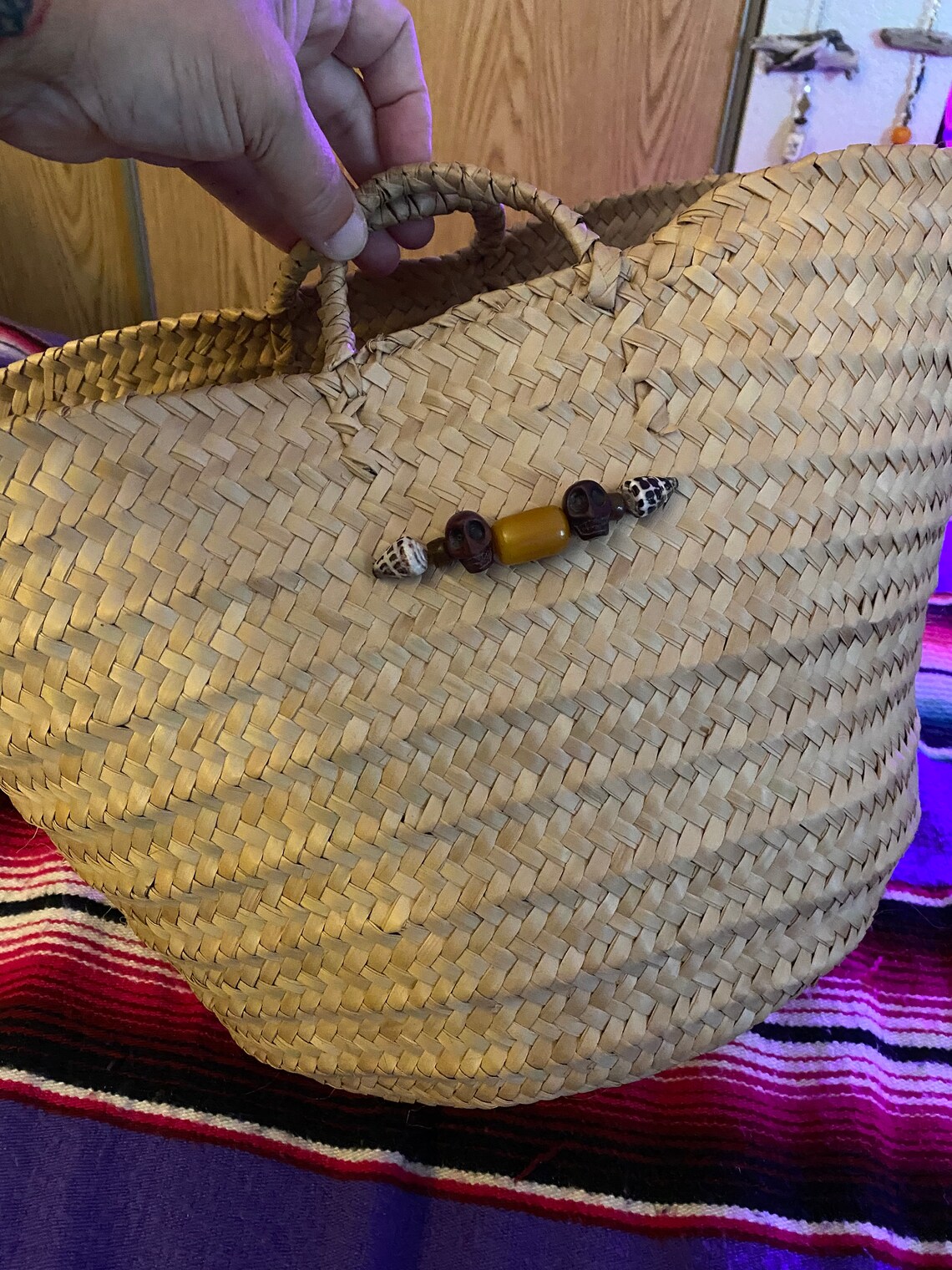 Large African Palm Frond Beaded Basket Etsy