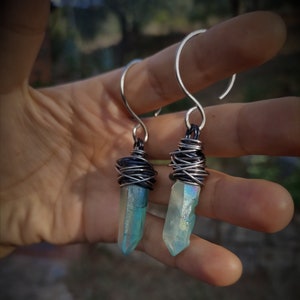 14 gauge steel ear weights, Dark ear weights, Aura quartz ear hangers, Stretched lobes, Witch ear weight, Gauged ears, Copper hangers
