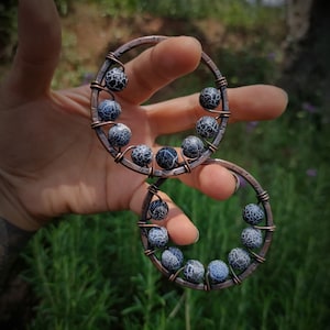 HOOP EAR WEIGHTS- 8 Gauge/3mm Copper Hangers for Stretched Lobes - Dark Patina Metal - wire wrap Agate Gem Crystals - Witch Black Goth Style