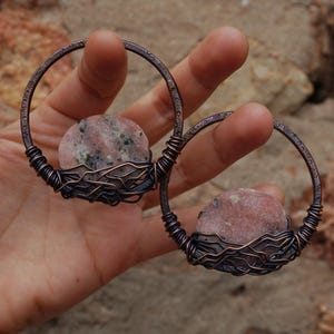 8 gauge copper ear weights, Jasper ear weights, Gem ear hangers, Stretched lobes, Witch ear weight, Gauged ears, Dark copper hoops