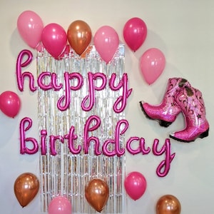 Pink Cowgirl Birthday Decorations Cowboy Boots Balloon Pink Cursive Happy Birthday Balloons Birthday Balloons Includes all pictured balloons