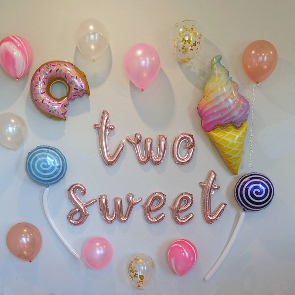 Cursive Two Sweet Balloon Party Pack Includes Everything Shown 2nd birthday balloons second birthday balloons two sweet donut balloon set