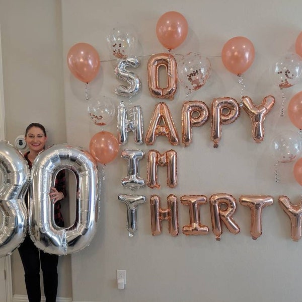 Globos de 30 piezas "So Happy Im Thirty", decoración para 30 cumpleaños, globos de cumpleaños Dirty Thirty en oro rosa, globos para 30 cumpleaños, globos jumbo de 30
