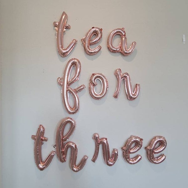 Rose Gold Cursive Tea For Three Balloon 3rd birthday balloons third birthday balloons tea balloons Three Jumbo 3 Tea Party Balloons