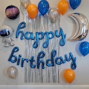Outer Space Birthday Decorations Astronaut Balloon Blue Cursive Happy Birthday Balloons Birthday Balloons Includes all pictured balloons