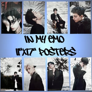 May include: A collection of eight 11"x17" posters featuring black and white images of people in various poses. The text "IN MY EMO" and "11"x17" POSTERS" is displayed in black, stylized lettering against a blue background.